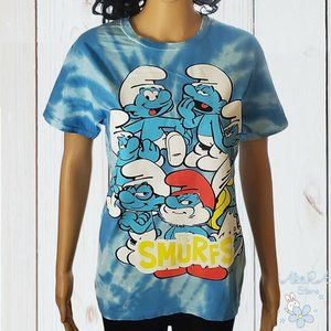 NWT THE SMURFS JUNIORS WOMENS BLUE TIE DYE T-SHIRT